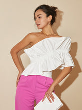 Load image into Gallery viewer, One Shoulder Ruched Ruffle Trim Blouse