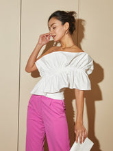 Load image into Gallery viewer, One Shoulder Ruched Ruffle Trim Blouse