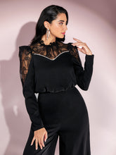 Load image into Gallery viewer, SHEIN Modely Contrast Lace Ruffle Trim Wide Leg Jumpsuit Without Belt