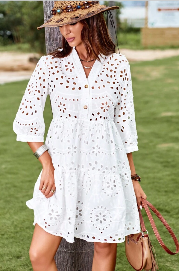 Solid Eyelet Embroidery A-line Dress