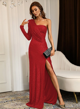 Load image into Gallery viewer, One Shoulder Split Thigh Sequin Prom Dress
