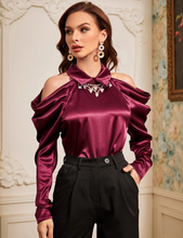 Load image into Gallery viewer, Cold Shoulder Gigot Sleeve Rhinestone Detail Top
