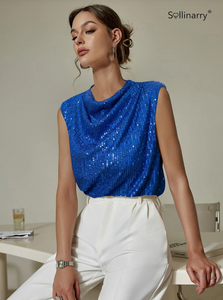 Contrast Sequin Cowl Neck Sleeveless Blouse