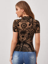 Load image into Gallery viewer, Mock Neck Floral Print Flocked Mesh Top

