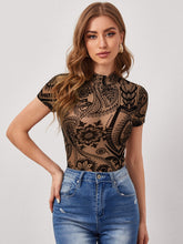 Load image into Gallery viewer, Mock Neck Floral Print Flocked Mesh Top

