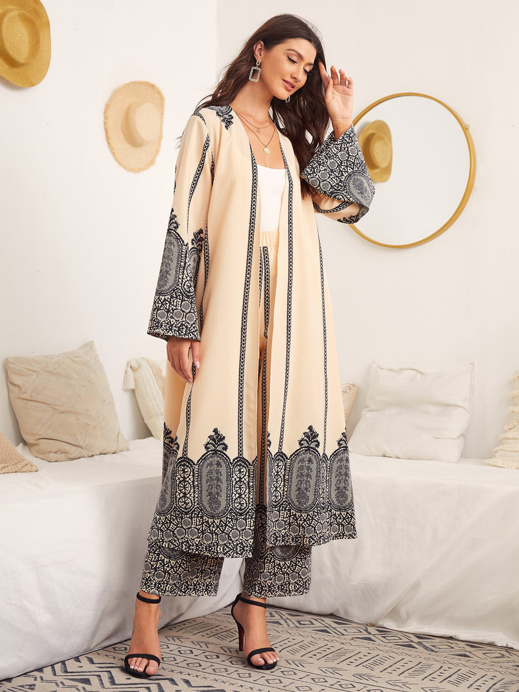 Open Front Graphic Print Tunic Blouse and Pants Set