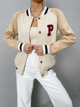 Load image into Gallery viewer, Letter Patched Striped Trim Raglan Sleeve Bomber Jacket
