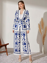 Load image into Gallery viewer, Floral Print Belted Coat &amp; Wide Leg Pants
