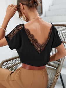 Frenchy Guipure Lace Scallop Trim Batwing Sleeve Tee