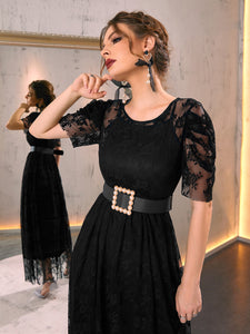 Puff Sleeve Belted Lace Dress