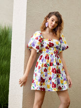 Load image into Gallery viewer, Floral Print Puff Sleeve A-line Dress
