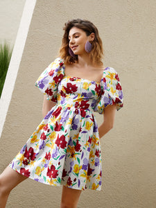 Floral Print Puff Sleeve A-line Dress