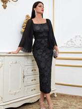 Load image into Gallery viewer, Floral Jacquard Square Neck Pleated Sleeve Slit Back Belted Dress
