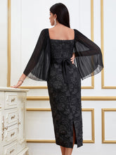 Load image into Gallery viewer, Floral Jacquard Square Neck Pleated Sleeve Slit Back Belted Dress
