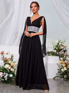 Contrast Sequin Mesh Insert Draped Detail Chiffon Maxi Prom Dress