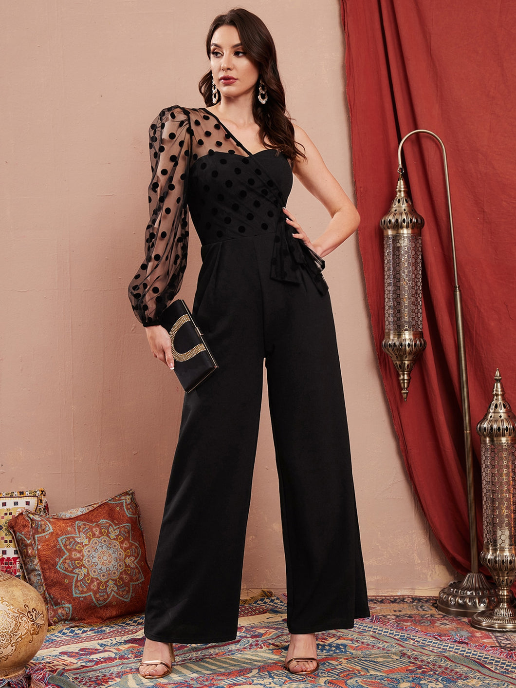 Contrast Dobby Mesh Puff Sleeve One Shoulder Draped Side Jumpsuit