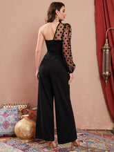 Load image into Gallery viewer, Contrast Dobby Mesh Puff Sleeve One Shoulder Draped Side Jumpsuit
