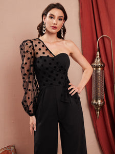 Contrast Dobby Mesh Puff Sleeve One Shoulder Draped Side Jumpsuit