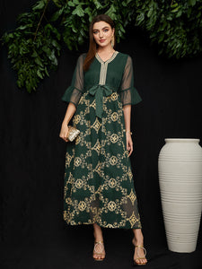 Leaf Embroidery Flounce Sleeve Belted Mesh Dress
