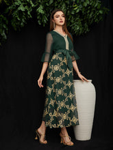Load image into Gallery viewer, Leaf Embroidery Flounce Sleeve Belted Mesh Dress
