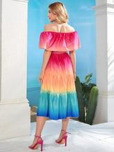 Load image into Gallery viewer, Ombre Off Shoulder Ruffle Hem Belted Dress
