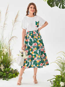 Tropical Print Patched Pocket Batwing Sleeve Dress