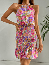 Load image into Gallery viewer, Floral Print Shirred Layered Hem Tie Backless Halter Dress

