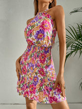Load image into Gallery viewer, Floral Print Shirred Layered Hem Tie Backless Halter Dress
