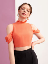 Load image into Gallery viewer, Frill Trim Cold Shoulder Zip Back Crop Top
