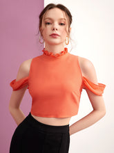 Load image into Gallery viewer, Frill Trim Cold Shoulder Zip Back Crop Top
