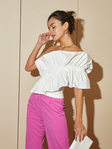 One Shoulder Ruched Ruffle Trim Blouse