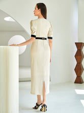 Load image into Gallery viewer, Fake Button Puff Sleeve Slit Back Belted Dress
