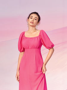 Ruched Bust Puff Sleeve Zip Back A-line Dress