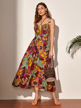 Load image into Gallery viewer, Tropical Print Knot Shoulder Tie Back Dress
