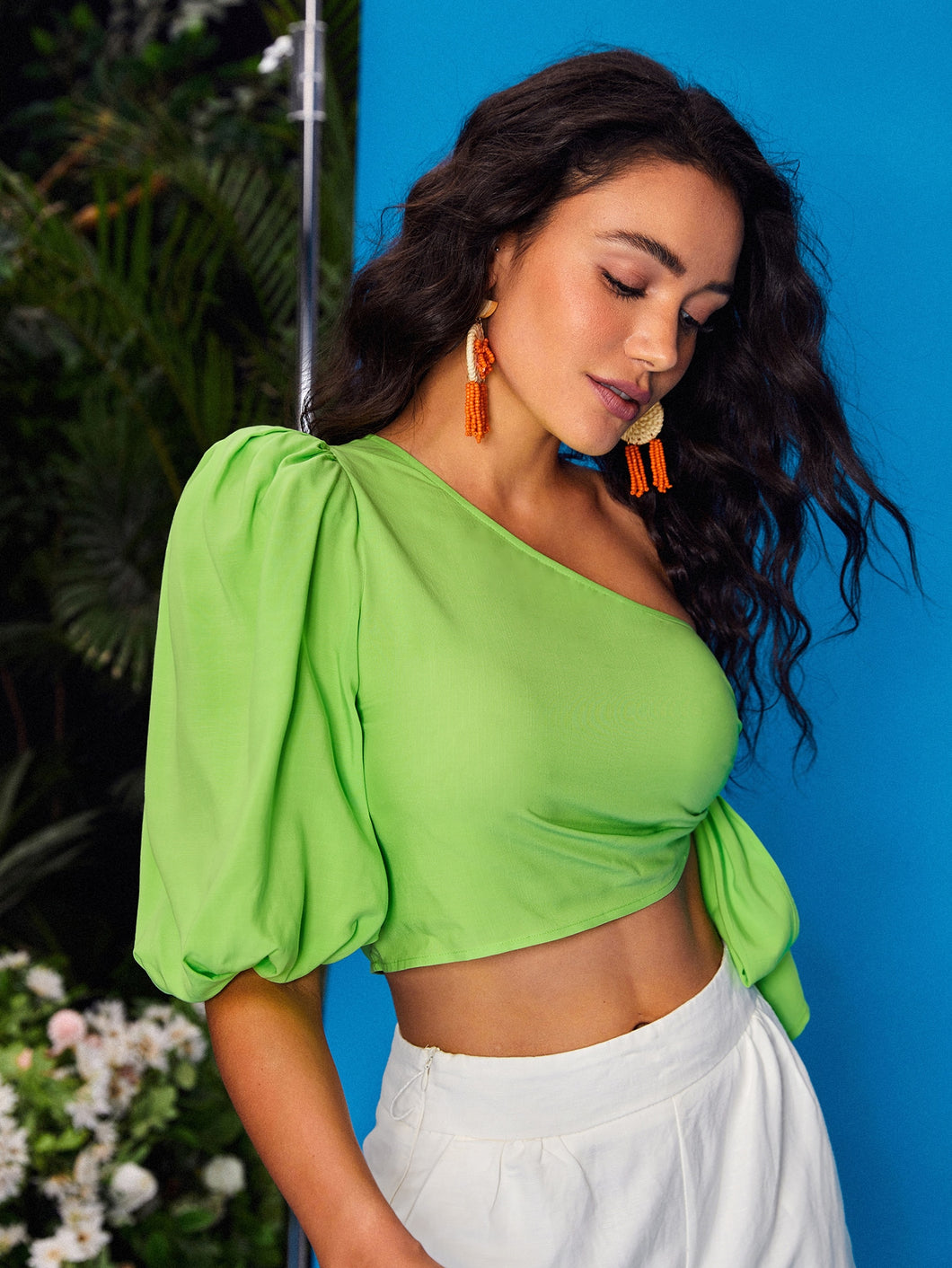 One Shoulder Puff Sleeve Knot Side Crop Blouse