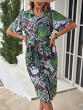 Load image into Gallery viewer, Paisley Patchwork Print Belted Shirt Dress
