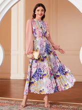 Load image into Gallery viewer, Bird &amp; Floral Print Lantern Sleeve Ruffle Trim Pleated Hem Dress Without Belt
