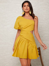 Load image into Gallery viewer, One Shoulder Puff Sleeve Cut Out Ruched Side Dress
