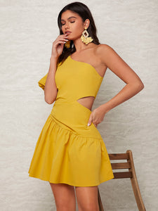 One Shoulder Puff Sleeve Cut Out Ruched Side Dress