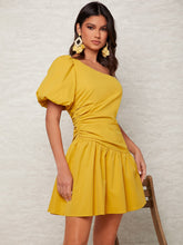 Load image into Gallery viewer, One Shoulder Puff Sleeve Cut Out Ruched Side Dress
