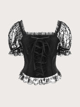 Load image into Gallery viewer, Contrast Lace Puff Sleeve Lace-up Front Square Neck Ruffle Hem Blouse
