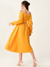 Load image into Gallery viewer, Off Shoulder Flounce Sleeve Shirred Bodice Self Belted Dress
