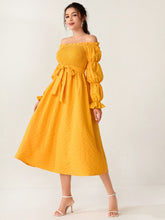 Load image into Gallery viewer, Off Shoulder Flounce Sleeve Shirred Bodice Self Belted Dress
