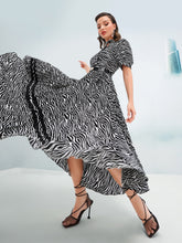 Load image into Gallery viewer, Zebra Striped Print Pleated Hem Puff Sleeve Belted Dress
