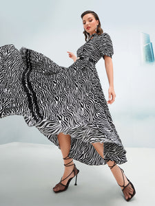 Zebra Striped Print Pleated Hem Puff Sleeve Belted Dress