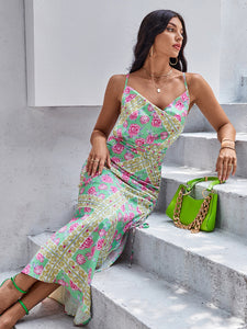 Floral Print Lace Up Backless Drawstring Split Thigh Satin Cami Dress