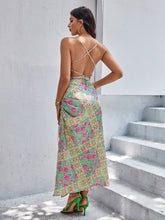 Load image into Gallery viewer, Floral Print Lace Up Backless Drawstring Split Thigh Satin Cami Dress
