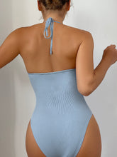 Load image into Gallery viewer, Rib-knit Faux Pearl Chain Linked Halter One Piece Swimsuit
