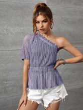 Load image into Gallery viewer, One Shoulder Frill Trim Peplum Metallic Blouse

