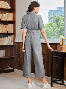 Patched Pocket Button Front Buckled Belted Shirt Jumpsuit